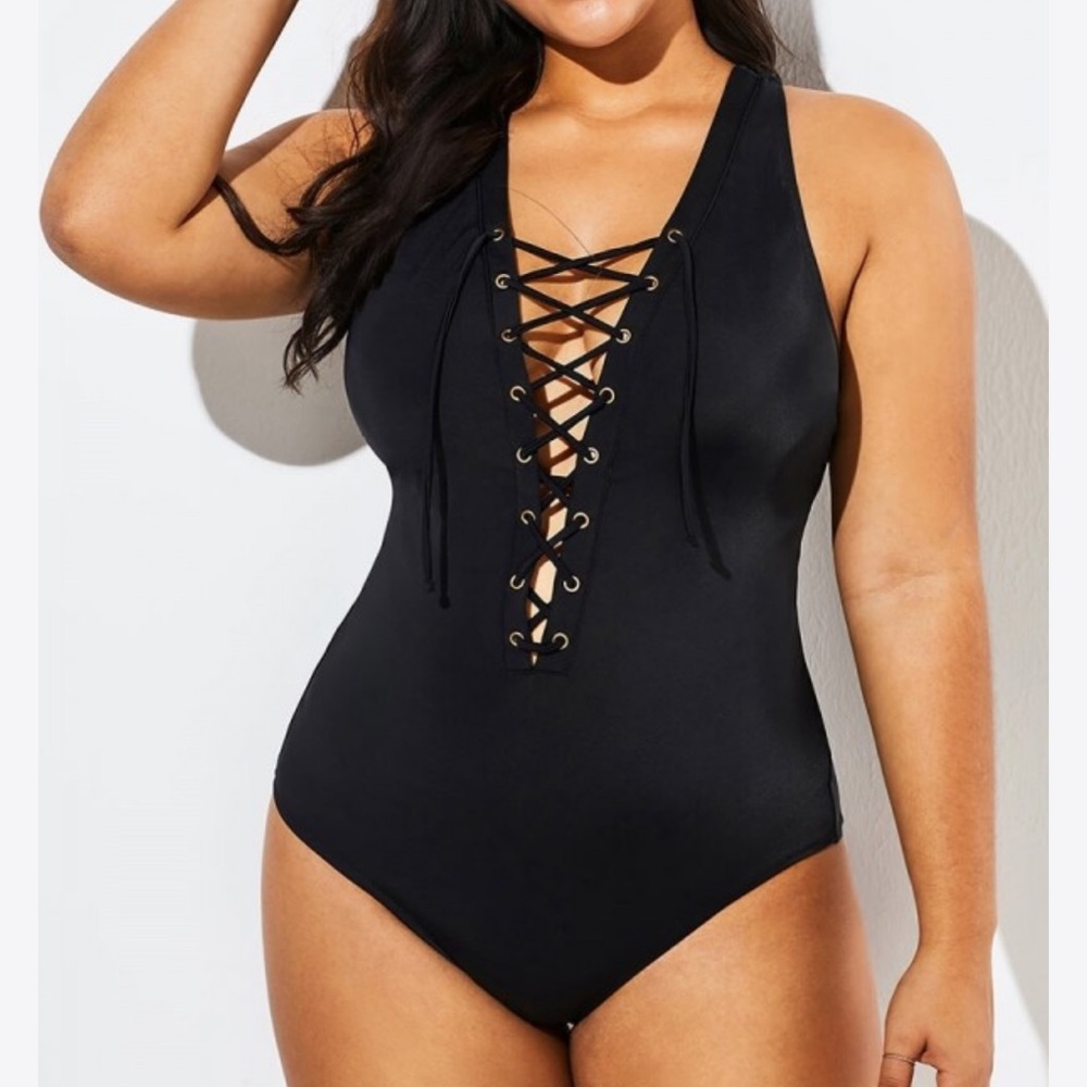 Meet Curve black lace up one piece NWT